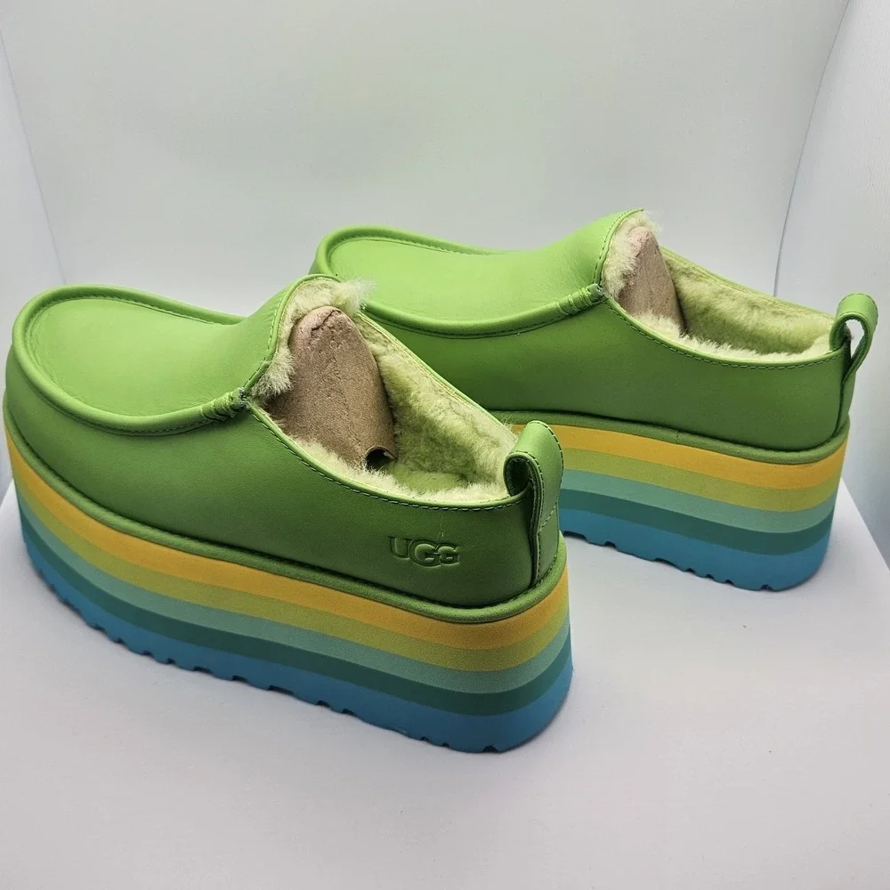 UGG URSEEN PLATFORM Green MULTI LEATHER WOOL ALL GENDER M6/W7 Festival Shoes‎